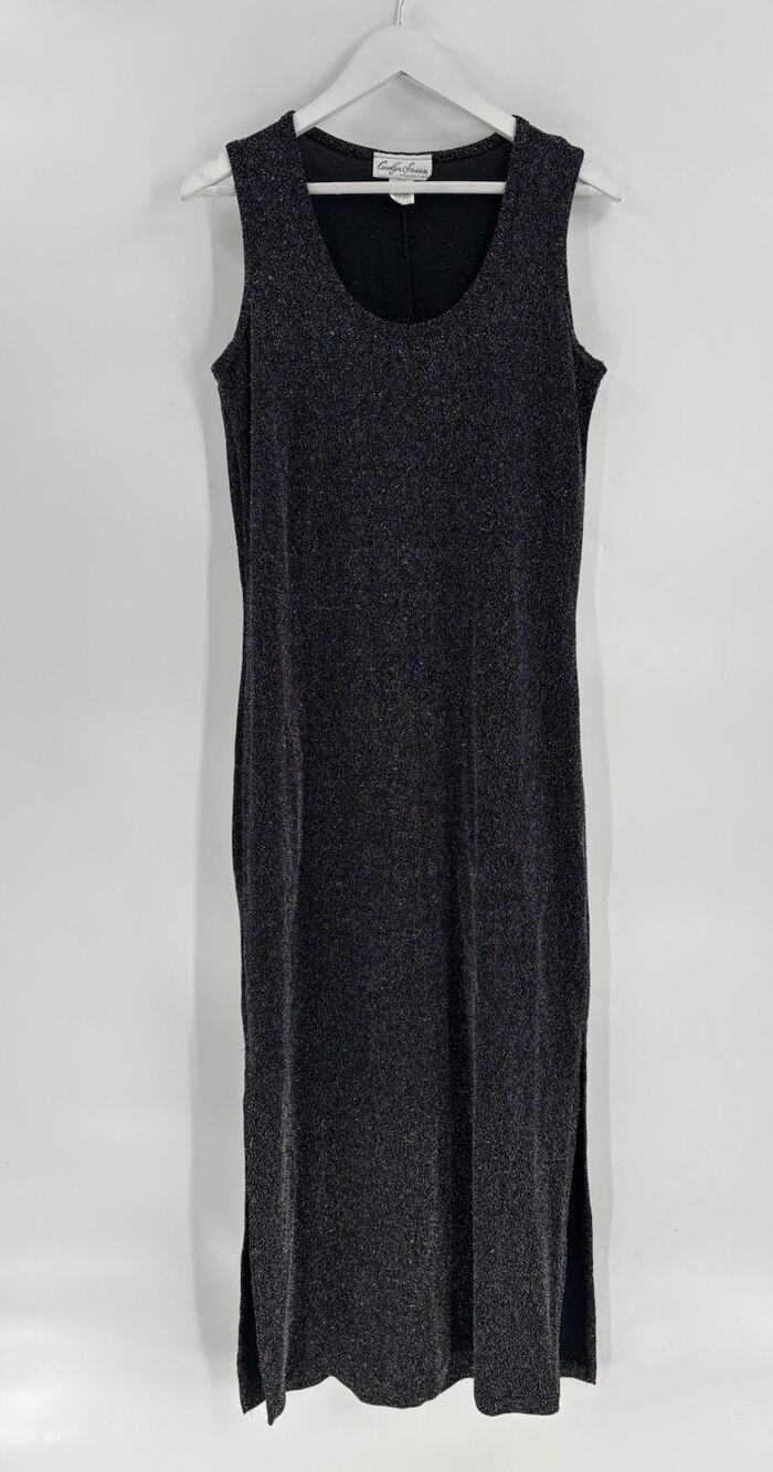 Vintage Carolyn Strauss Dress Womens Medium Black Metallic Glitter 90s Maxi Slit